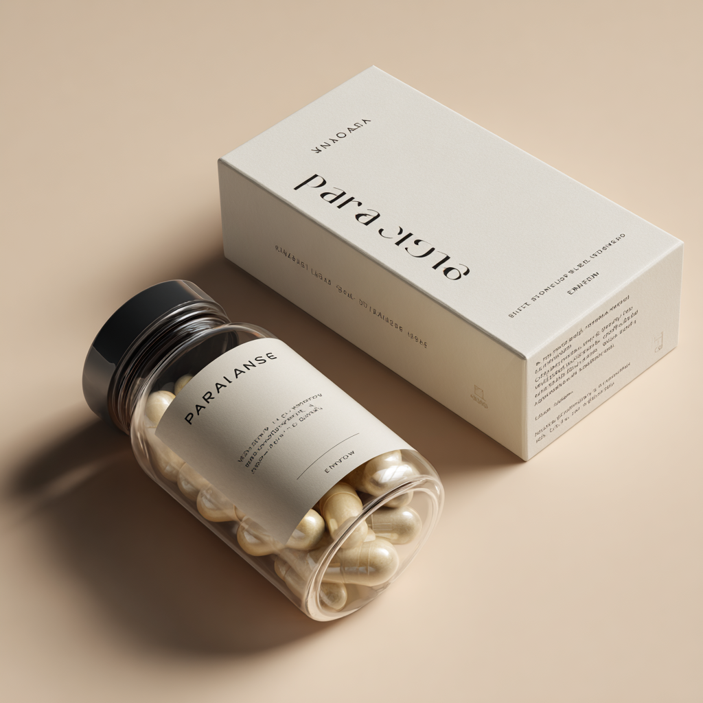 Természetes antiparazita kapszulák üvegben, zöld növényi kivonatok, tiszta fehér háttér, professzionális termékfotó stílus, egészségügyi kiegészítő